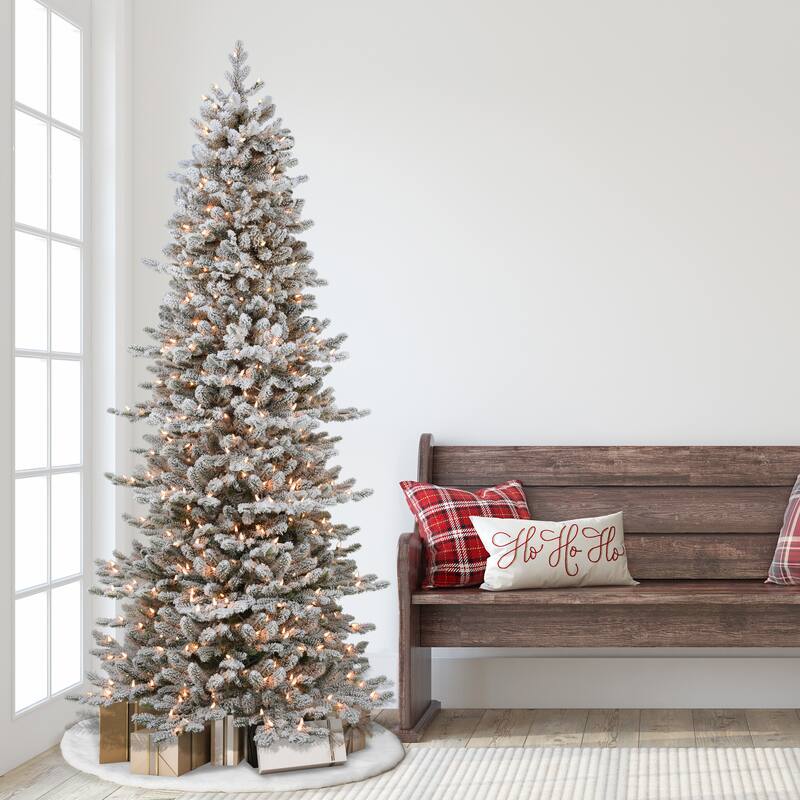 Puleo International 7.5 ft. Pre-lit Flocked Slim Royal Majestic Douglas Fir Downswept Artificial Christmas Tree