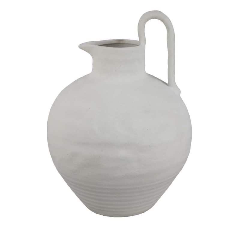 Siela Jug Style Vase with Extended Loop, Ribbed Details, White Ceramic