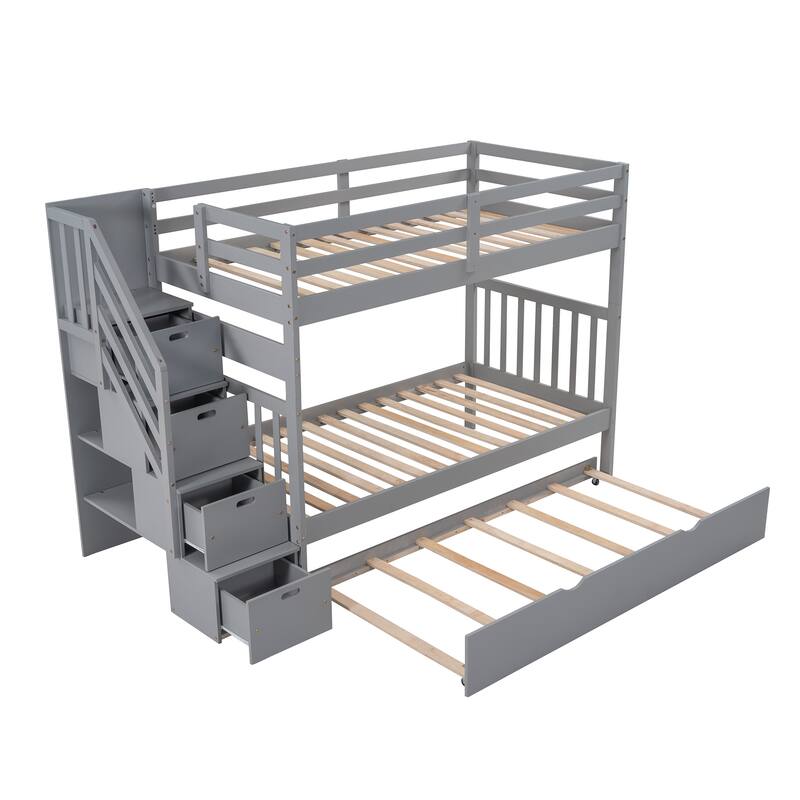 Twin Over Full Bunk Bed with Twin Trundle and Storage Stairs, Space-Saving Design, No Box Spring Needed