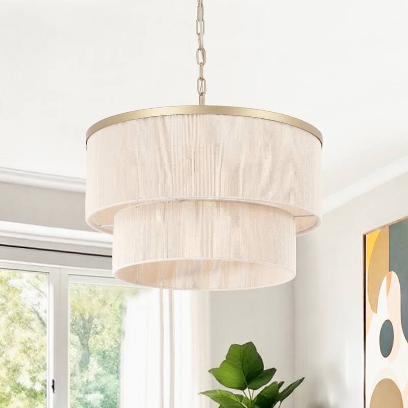 GetLedel 3-Light Coastal Boho Rope Drum Chandelier Hand-woven Ceiling Light - Gold/Beige