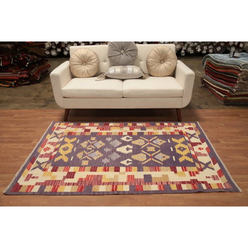 Hand Woven Oriental 100% Wool Carpet Southwestern Tribal Purples Kilim Area Rug - 5' 10'' X 4' 1''