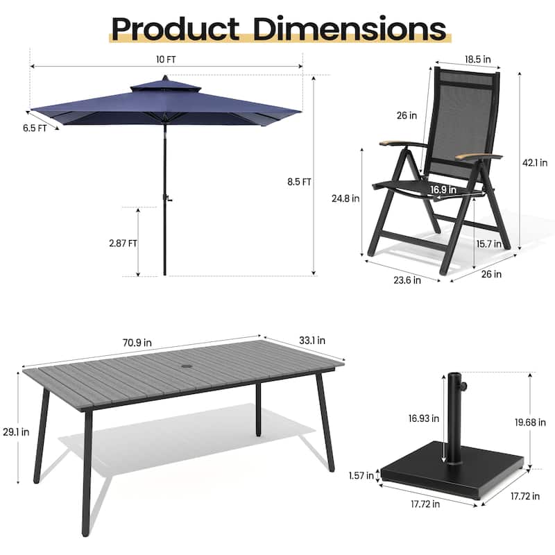9PC Outdoor Patio Dining Set Wood-Like Aluminum Umbrella Hole Table with Folding Chairs,Double Top Market Umbrella and Base