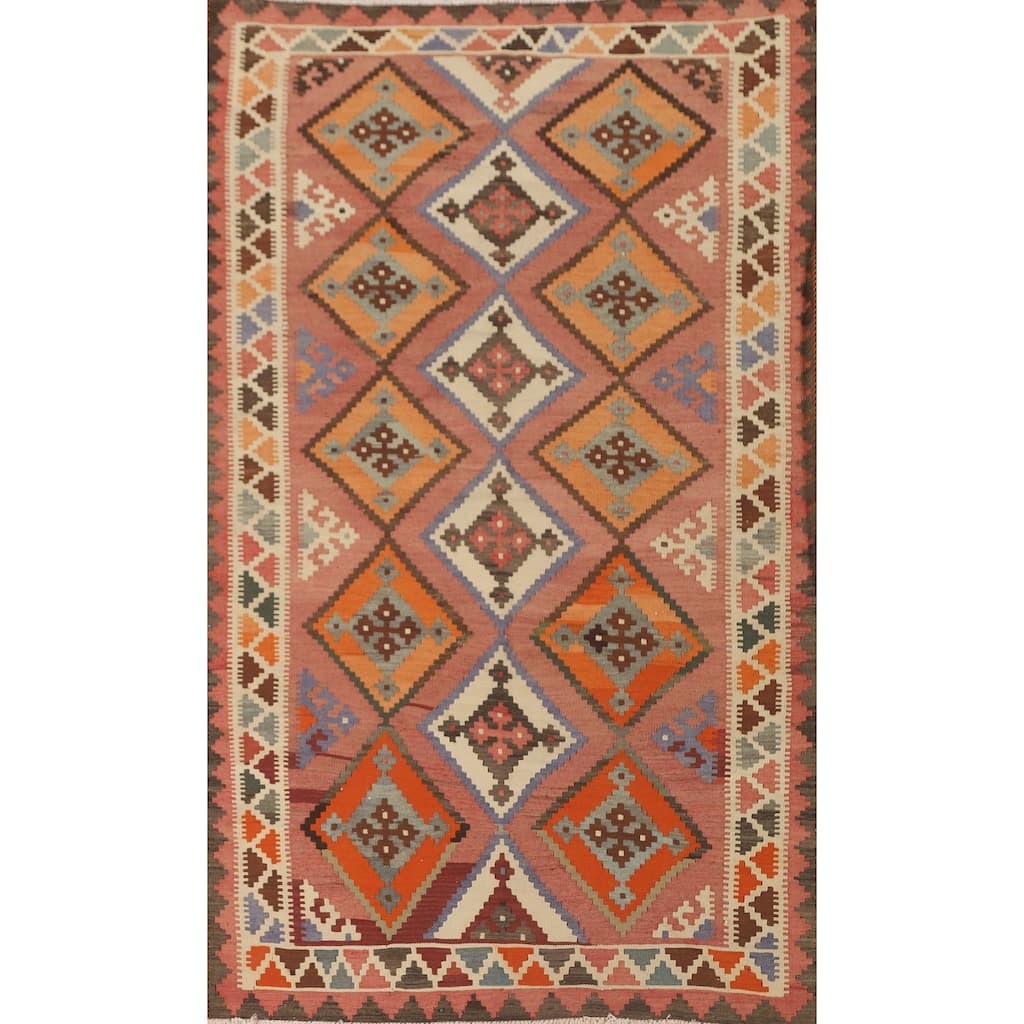 Geometric Kilim Shiraz Persian Vintage Area Rug Hand-Woven Wool Carpet - 5'0" x 9'1"