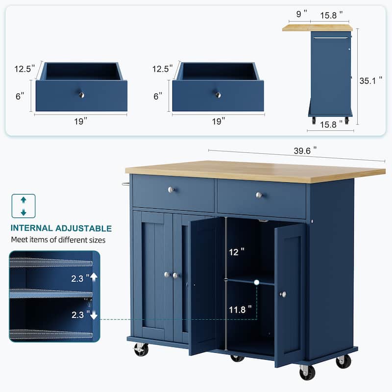 Kitchen Storage Island with 2 Drawers & Extendable Countertop - Rolling Storage Cart with Towel Rail, Lockable Wheels