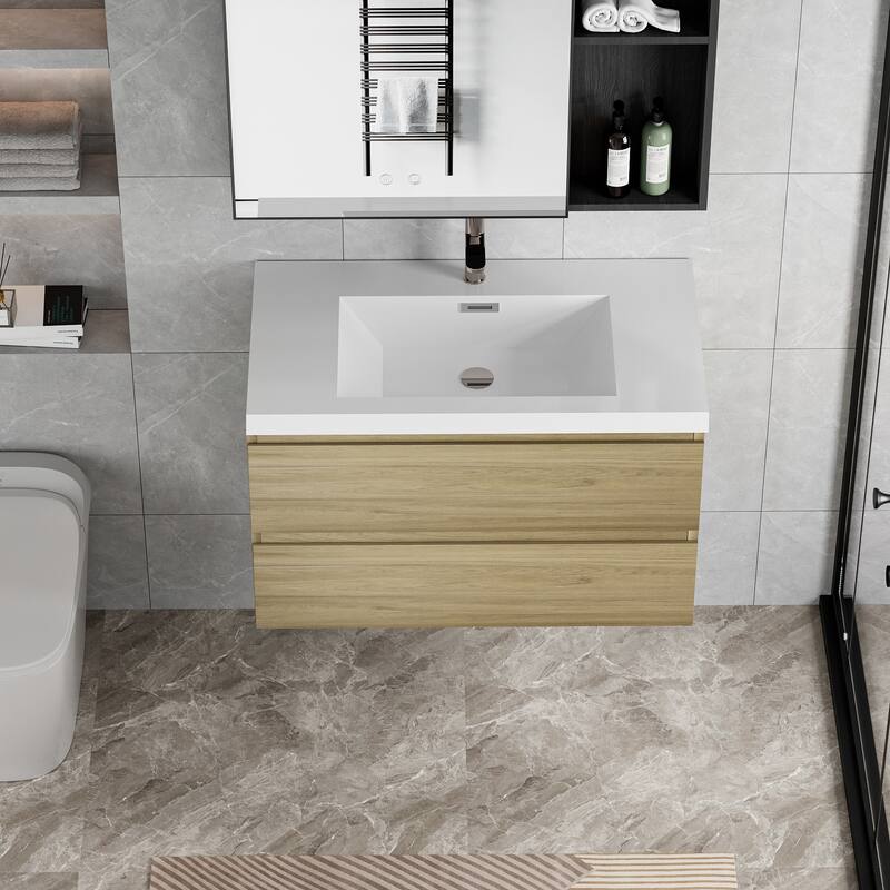 35.5-Inch Floating Bathroom Vanity with Glossy Resin Sink, Ash Grey Color, Wall-Mounted Design, 2 Drawers