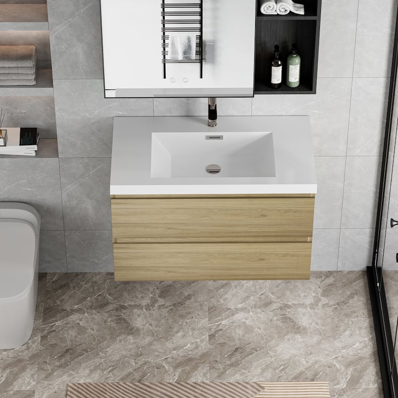36" Modern Wall-Mounted Floating Bathroom Vanity with Sink, Drawers - Natural Oak