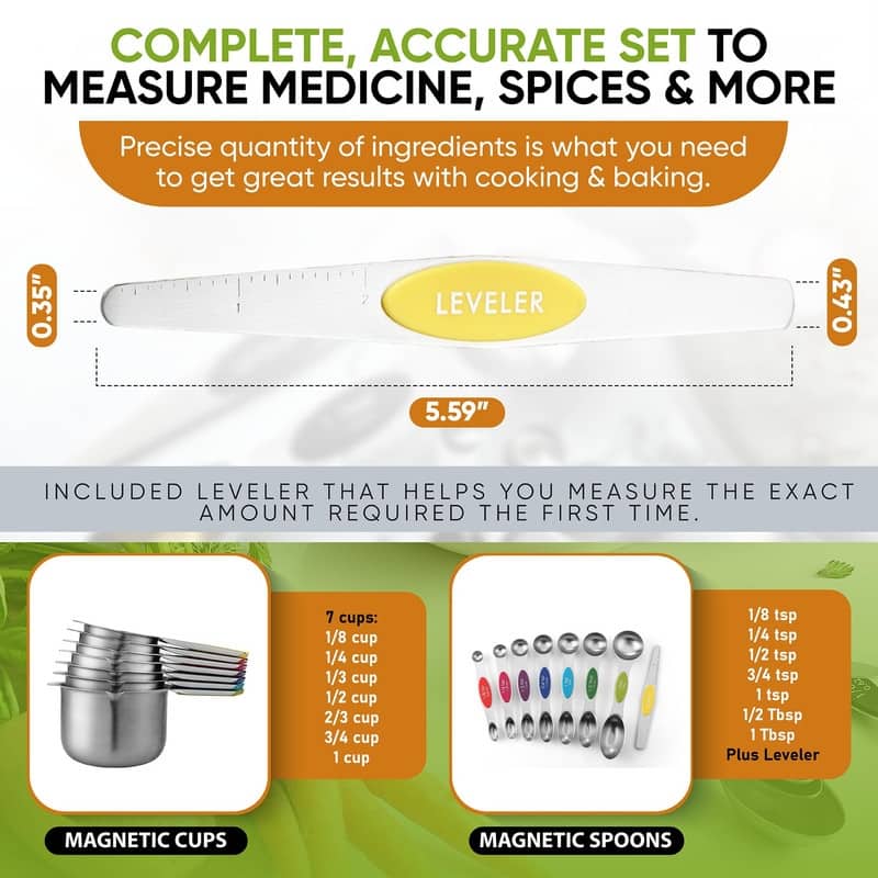 Magnetic Measuring Cups & Spoons Set, Strong Magnets, Set of 15 - Set of 15