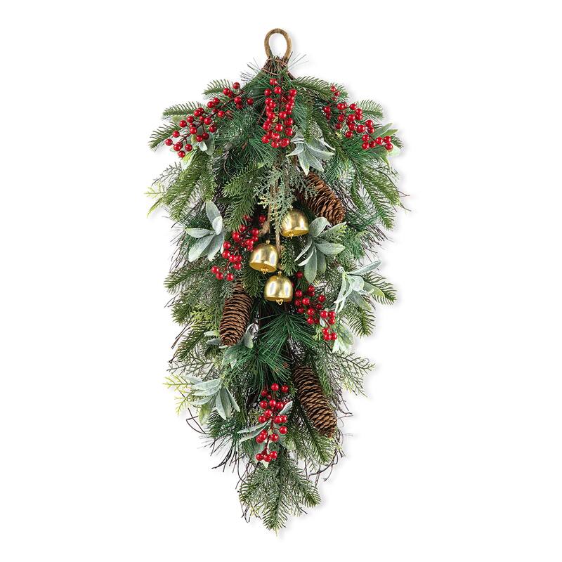 Glitzhome Christmas Berry Bow Pinecone Bell Holy Leaf Teardrop Swag Xmas Wreath - Single-B