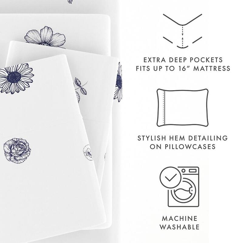 Becky Cameron Indigo Flowers Pattern 4 Piece Deep Pocket Bed Sheet Set