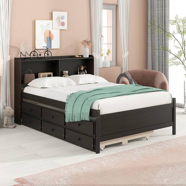 slide 2 of 23, Full Size Platform Bed with Wood Frame, Storage Headboard, and Twin Trundle Espresso