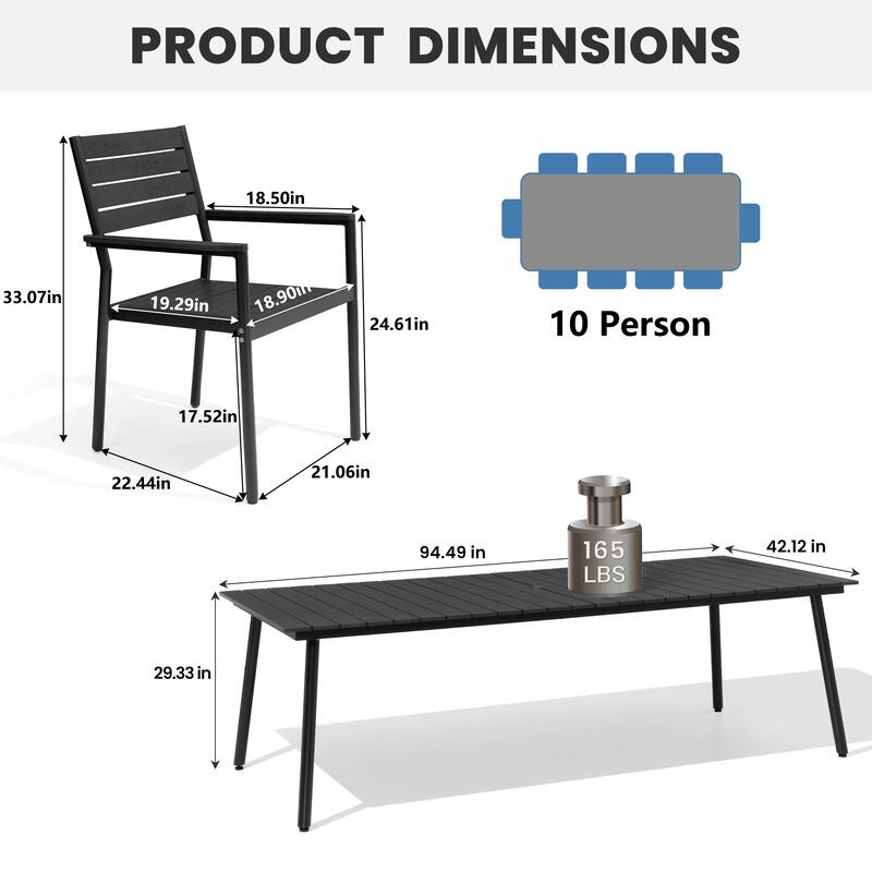 7/9/11-Piece Outdoor Dining Set Aluminum Dining Table with Umbrella Hole and Stackable Chairs