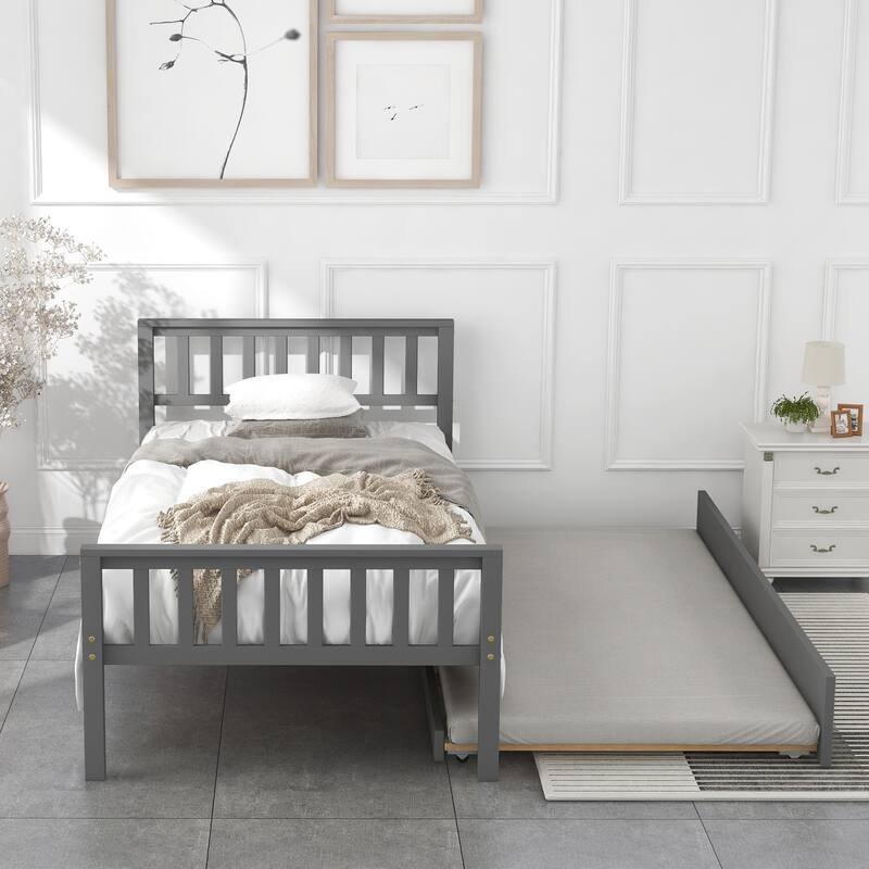 Twin Bed with Trundle, Platform Bed Frame with Headboard and Footboard, for Bedroom Small Living Space