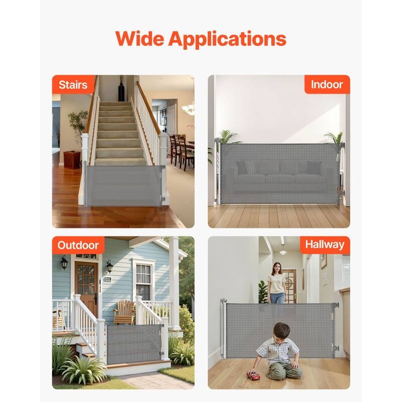 Retractable Baby Gate with Escape-Proof Bottom Hook and Mesh Design for Kids and Pets Safety