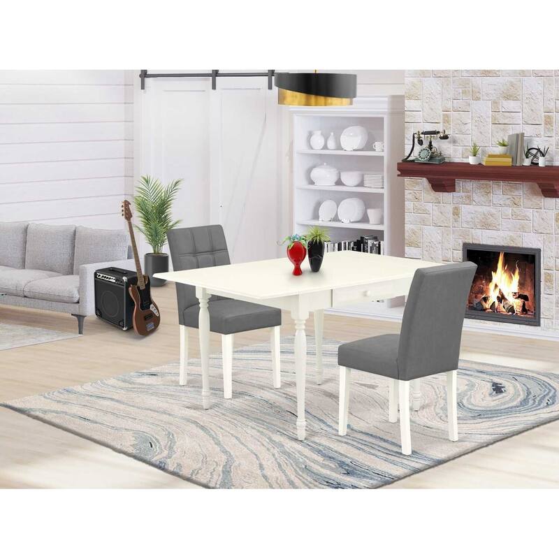 HomeStock 3-Pc Linen White Finish Rectangular Solid Wood Top with Dropleaf Dining Table Set