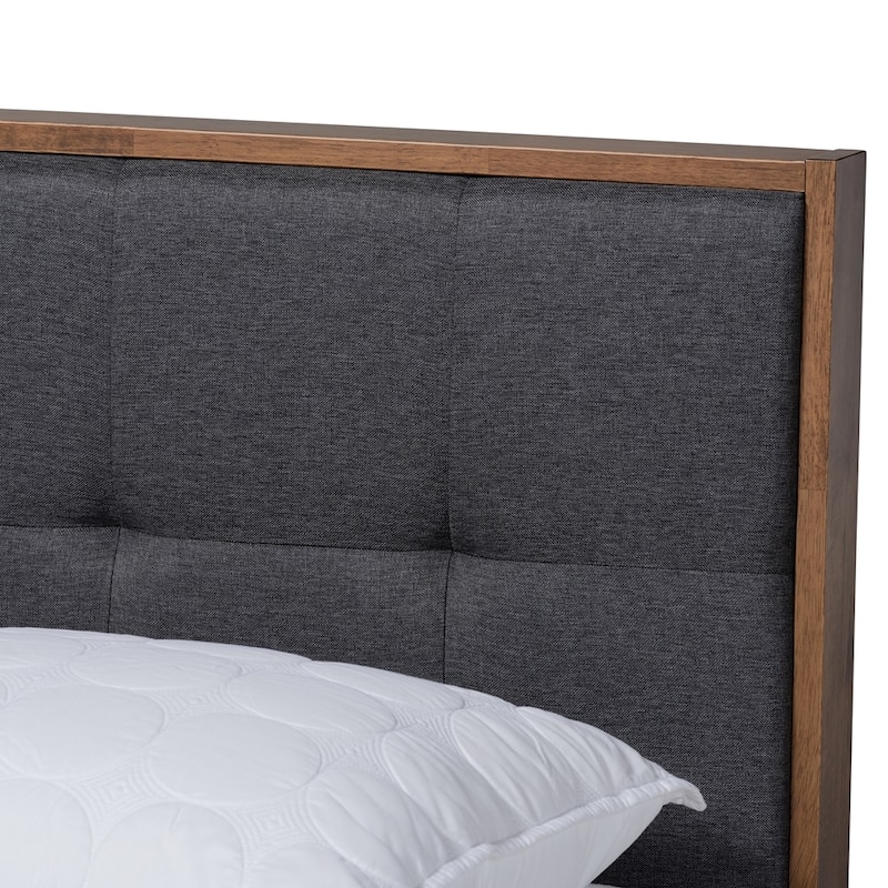 Alke Mid-Century Modern Fabric Upholstered Walnut Brown Finished Wood Platform Bed
