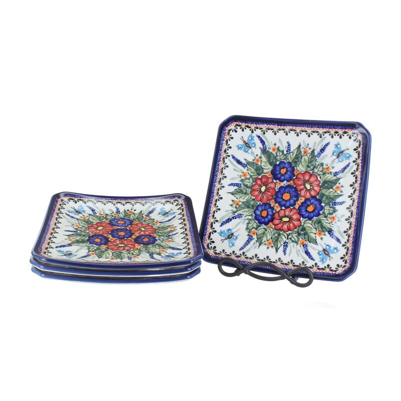 Blue Rose Polish Pottery 2040-4 Zaklady Sq Dessert Plate Set