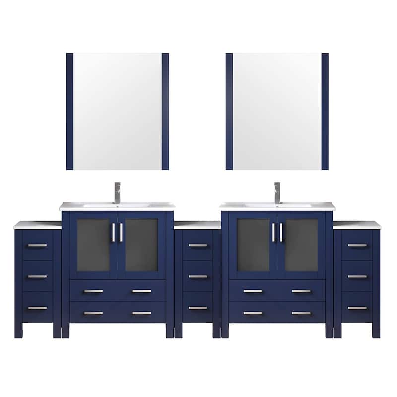 Volez Double Bath Vanity with Side Cabinets, White Ceramic Top, 34 in Mirrors and Faucet Set - 108 - Navy Blue