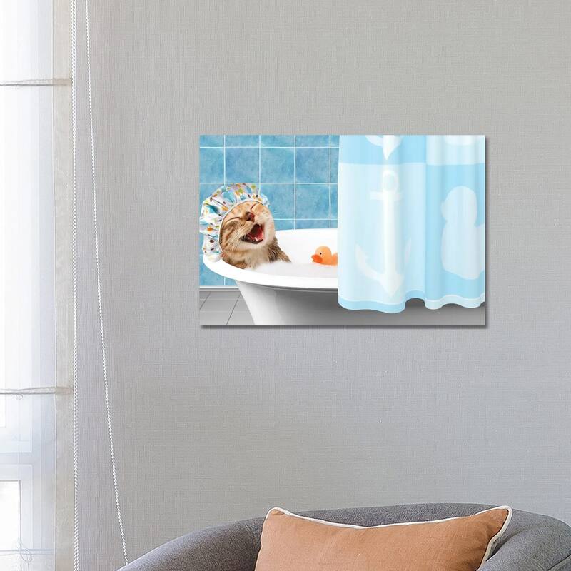 iCanvas "Funny Cat Is Taking A Bath With Toy Duck." by funny cats Canvas Print - 18x26x1.5