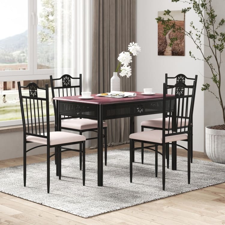 5 pcs Dining Set Wood Metal Table and 4 Chairs with Cushions