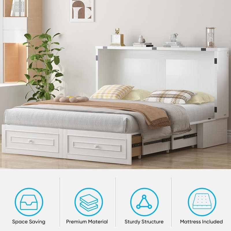 Mixoy Queen Modern Murphy Bed Chest with Mattress and Storage Drawer