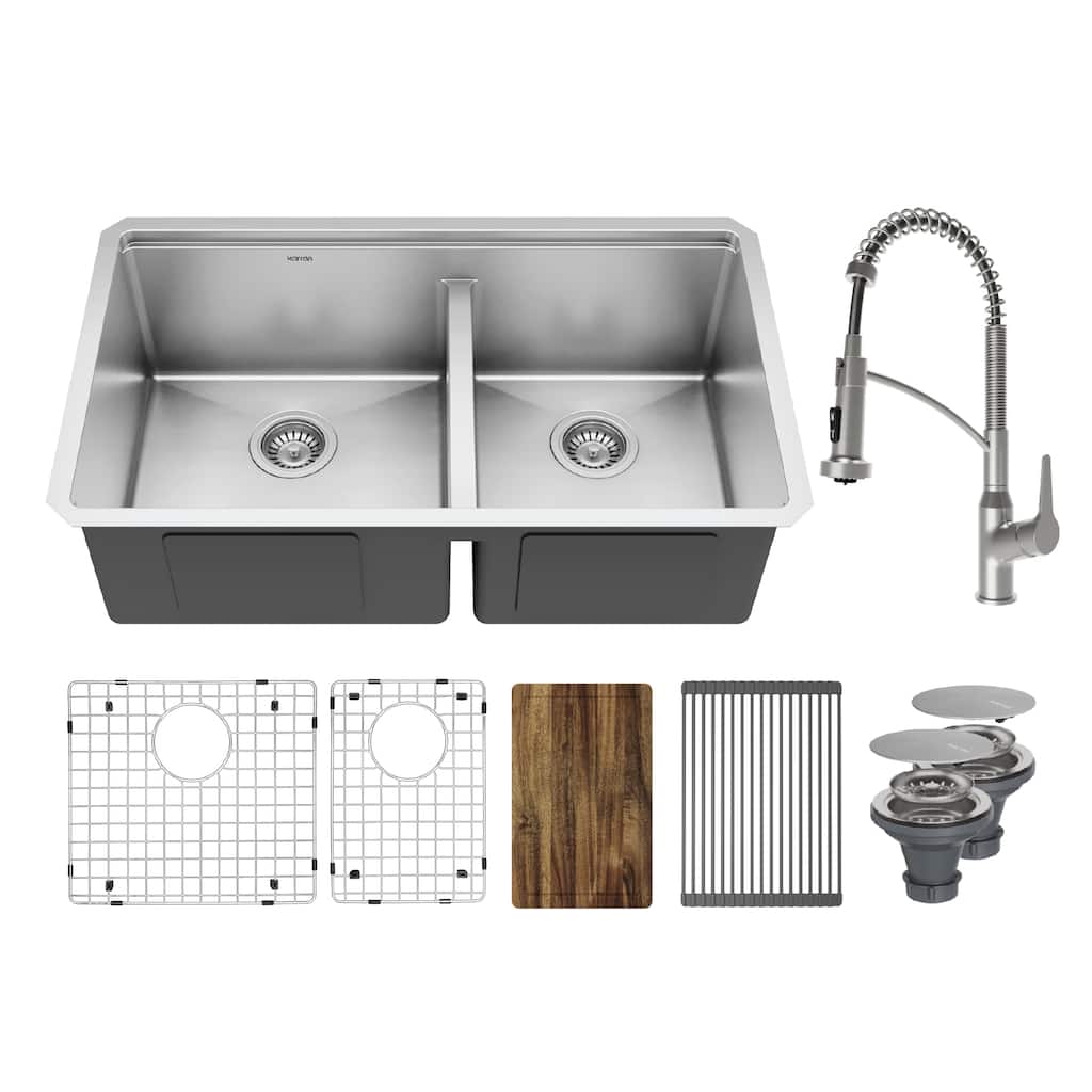 Elite 32" Undermount Workstation 16 Gauge Double Bowl Stainless Steel Kitchen Sink with Scottsdale Pull-Down Faucet
