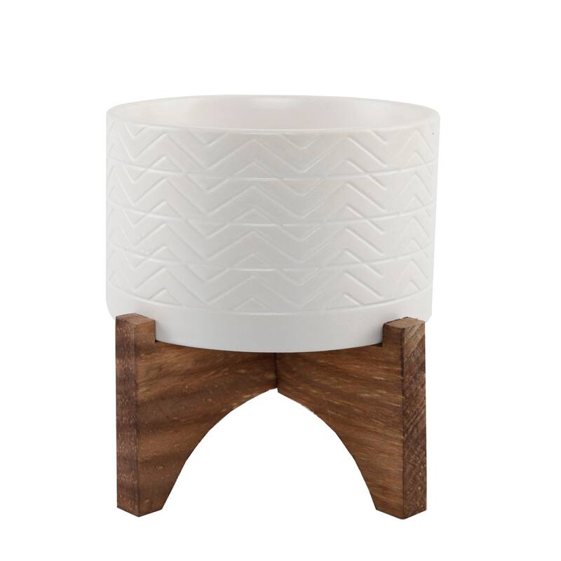 5" Wavy Ceramic Planter On Wood Stand