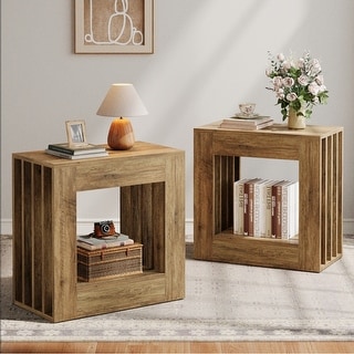 2 Tier Farmhouse End Table for Living Room, Rectangular Side Table with ...
