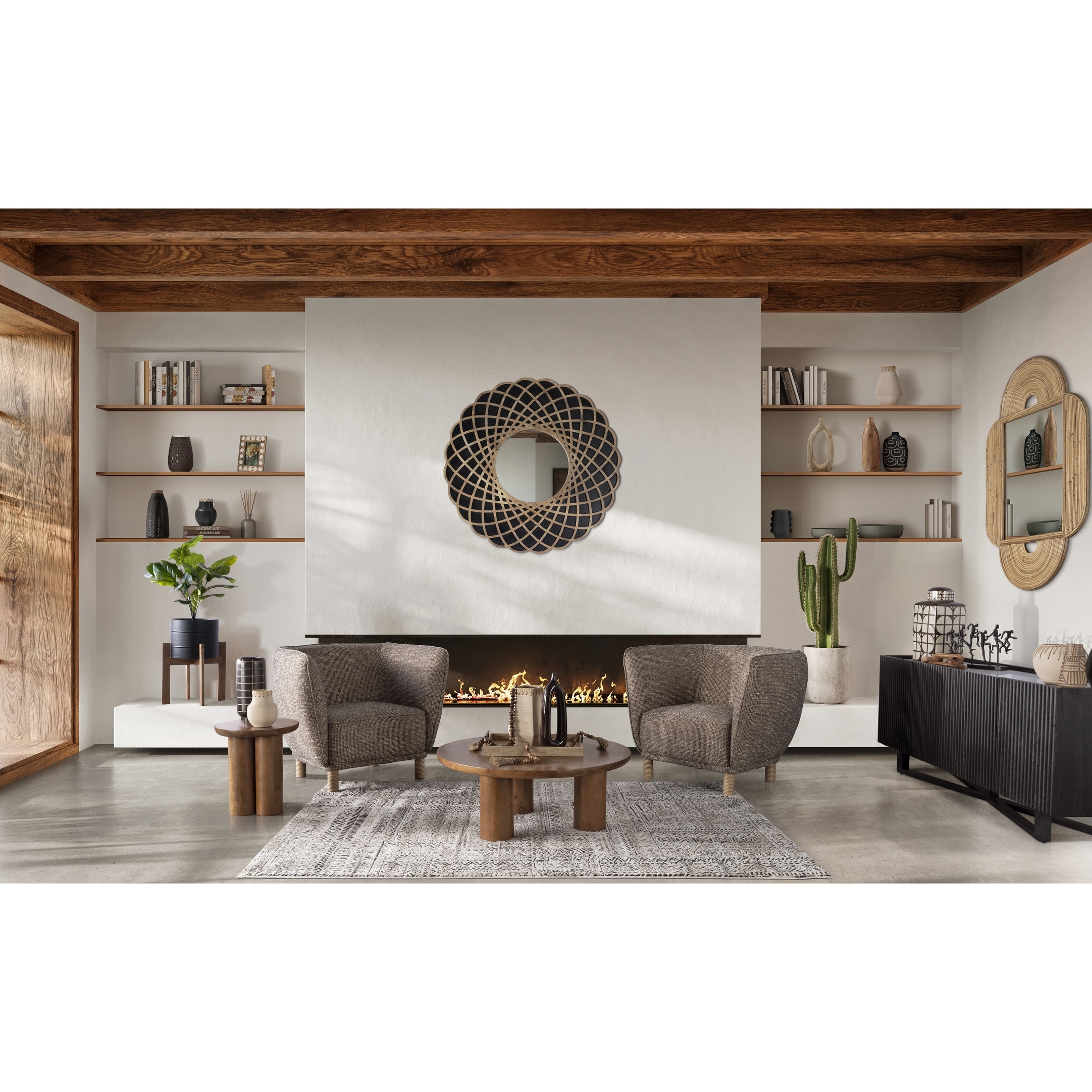 Round Natural Wood Coffee Table Modern Design Solid Cylindrical Legs