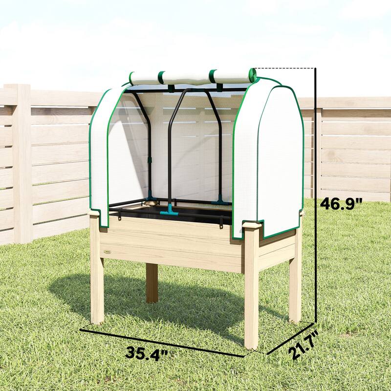 Outsunny Raised Garden Bed with PE Greenhouse Cover Outdoor Elevated Wood Planter Box , 35 x 22 x 47 inch