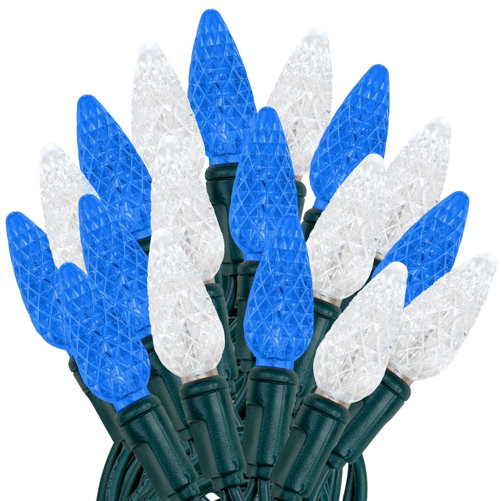 70 Light C6 LED Christmas Mini Light Set, Blue/Pure White, Green Wire, 24 Feet - Large