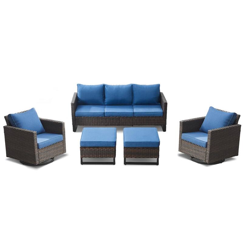 5 Piece Patio Sofa Chair Furniture Set - Blue - Brown