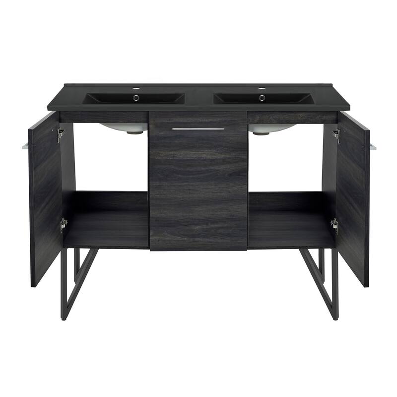 Annecy 48 In. Black Walnut, Double Basin Bathroom Vanity With Black Ceramic Sink Top