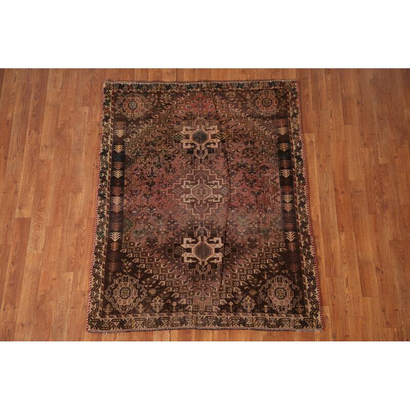 Qashqai Persian Antique Area Rug Hand-Knotted Wool Carpet - 3'9"x 4'10"