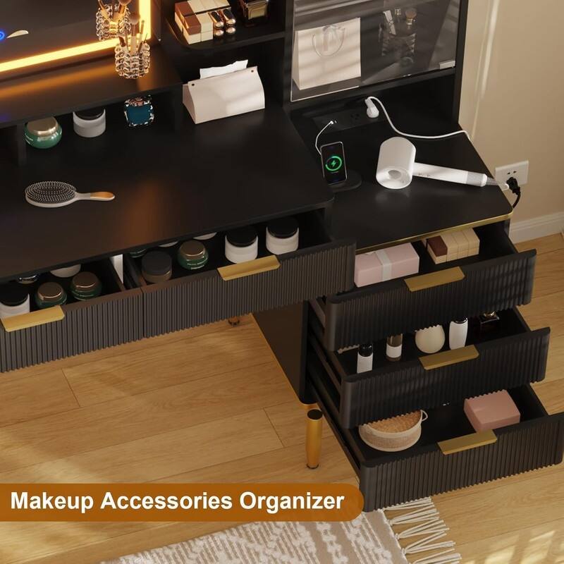 Makeup Vanity Desk with Lighted Mirror, 5 Drawers, Storage Shelves, Power Outlets