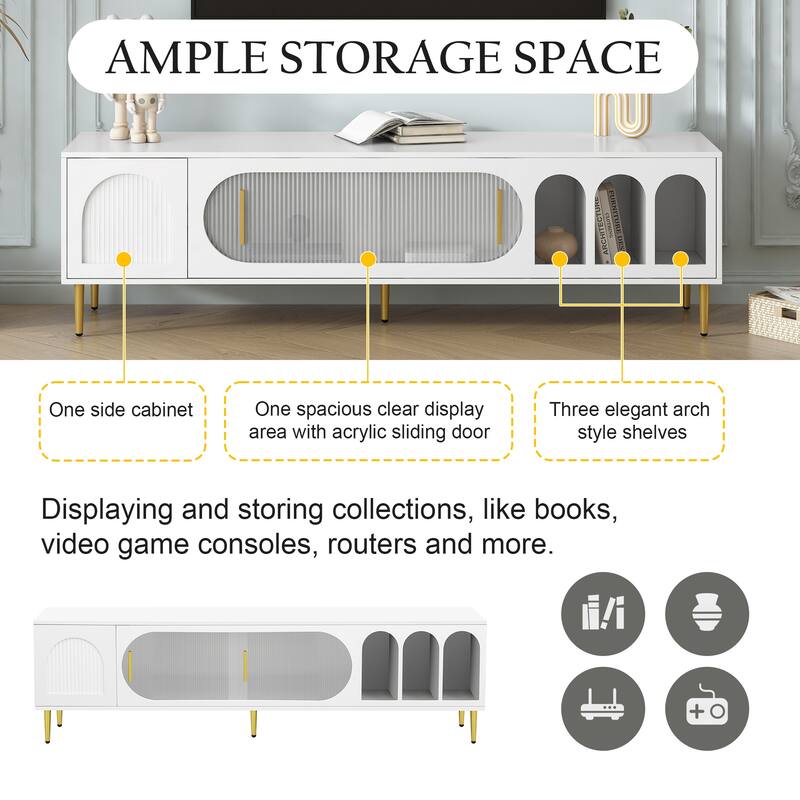 Modern TV Stand with Arched Shelves, Sliding Acrylic Door, Golden Metal Handles, and Ample Storage, Fits TVs up to 70 Inches.