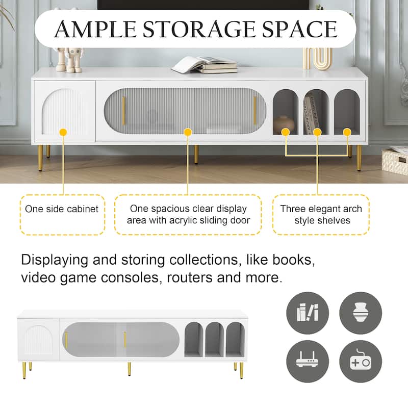 Romantic Modern TV Stand with 2 Storage Cabinets and Acrylic Sliding Door for Living Room and Bedroom
