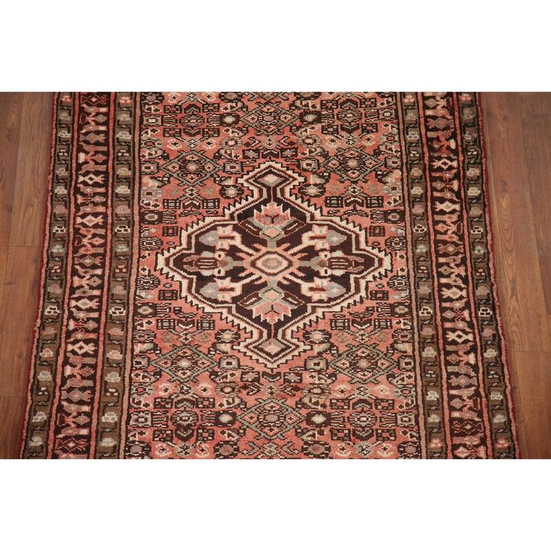 Hand Knotted Oriental 100% Wool Carpet Traditional Medallion Pink Hamedan Runner Rug - 9' 11'' X 3' 6''