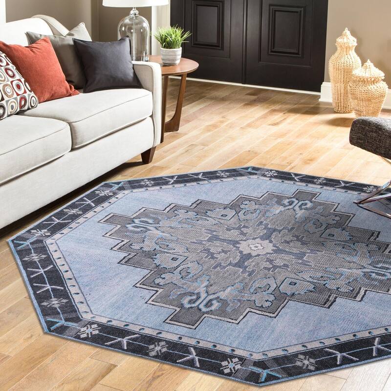 Traditional Rine Collection Area Rug - 5'x5' Octagon - Blue-Gray