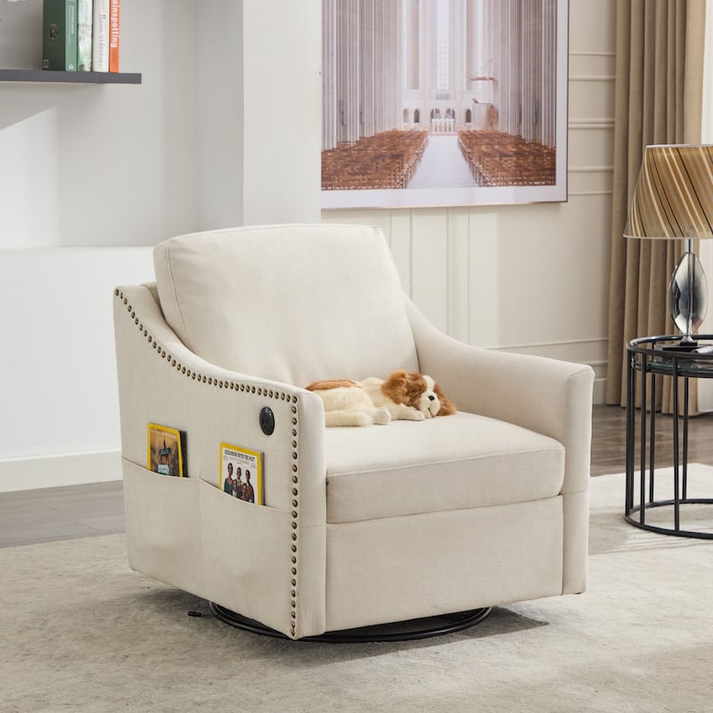 Fabric Swivel Rotating Accent Chair with USB and Side Pocket