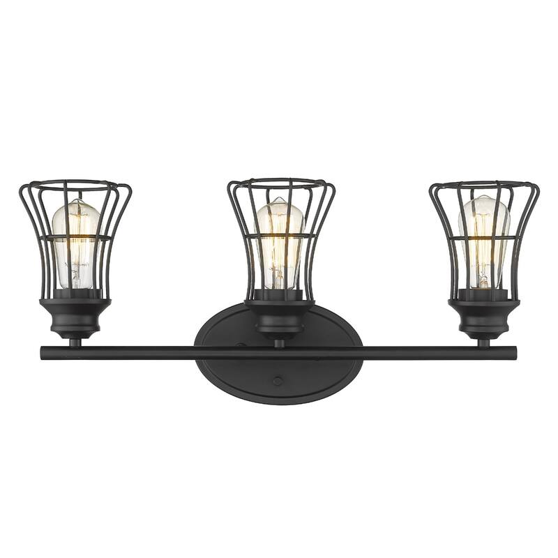 Transitional Bronze 3-Light Wall Flush Mount Sconce with Matte Black Cage Shades and Damp Rated E26 Base