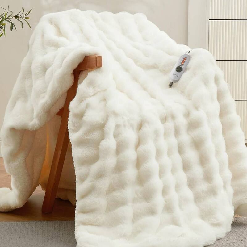Dual Control Faux Fur Soft Bubble Electric Heating Blanket, Beige - 50*60 inch