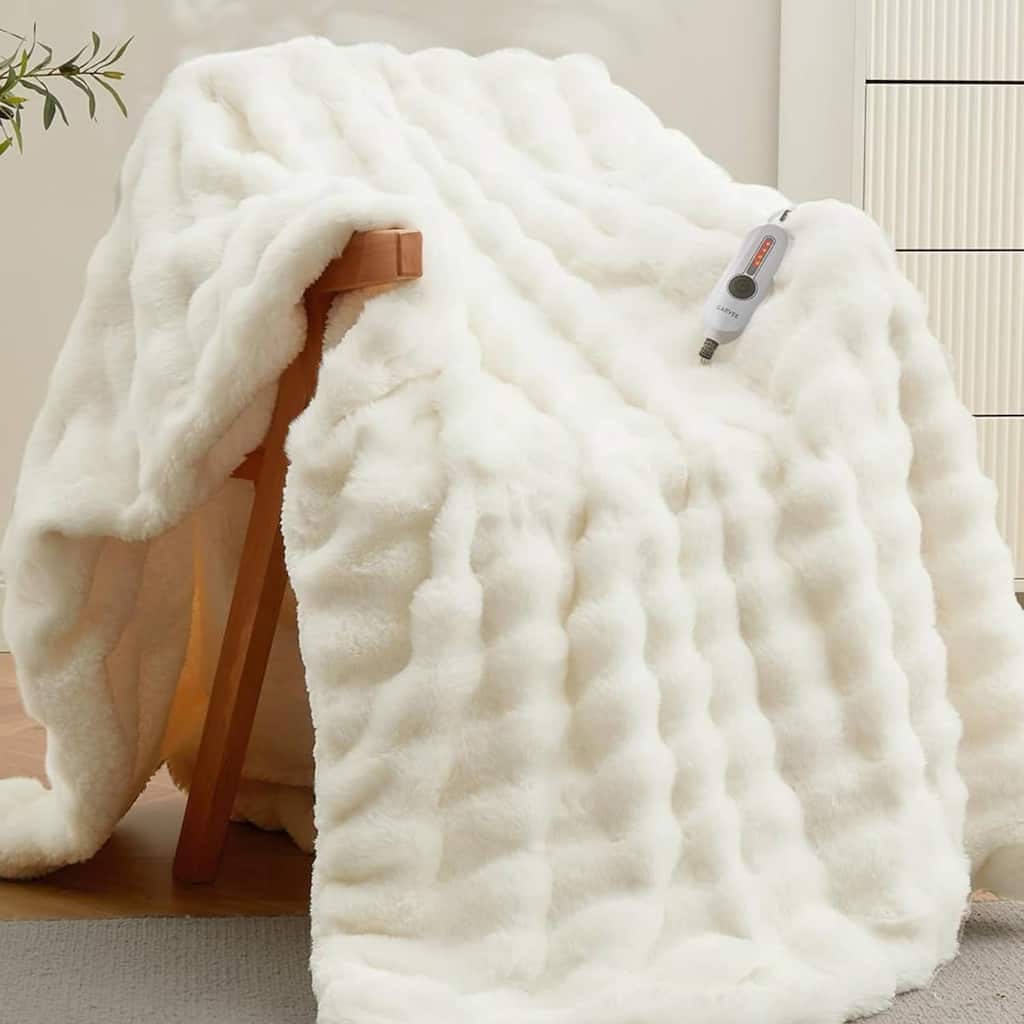 Dual Control Faux Fur Soft Bubble Electric Heating Blanket, Beige