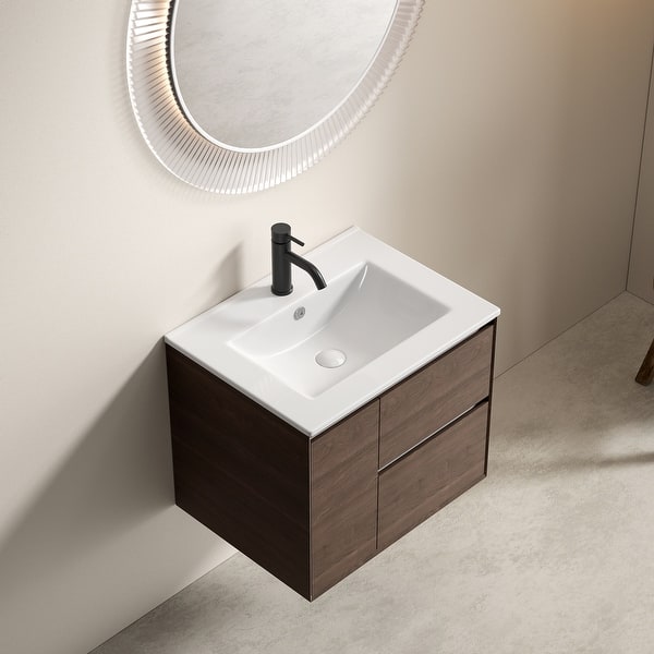 slide 2 of 11, GDFStudio - Soren Modern Ceramic Bathroom Vanity Sink with Overflow Hole & Resists Stains Surface Finish 24"W - White