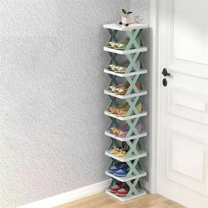 9 Tier Narrow Shoe Rack Plastic Vertical Shoe Organizer Free Standing Shelf Closet
