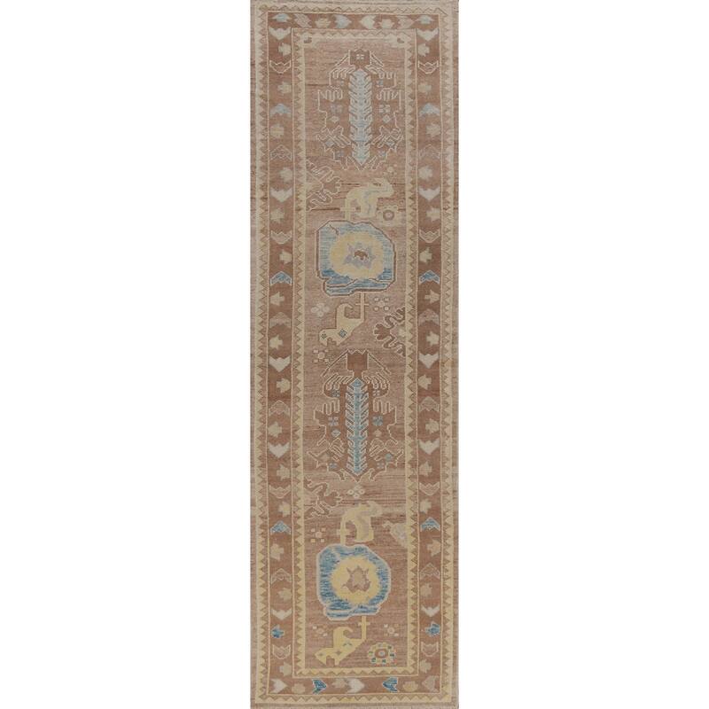 Hand Knotted Oriental 100% Wool Carpet Transitional Geometric Brown Oushak Runner Rug - 13' 6'' X 3' 0''