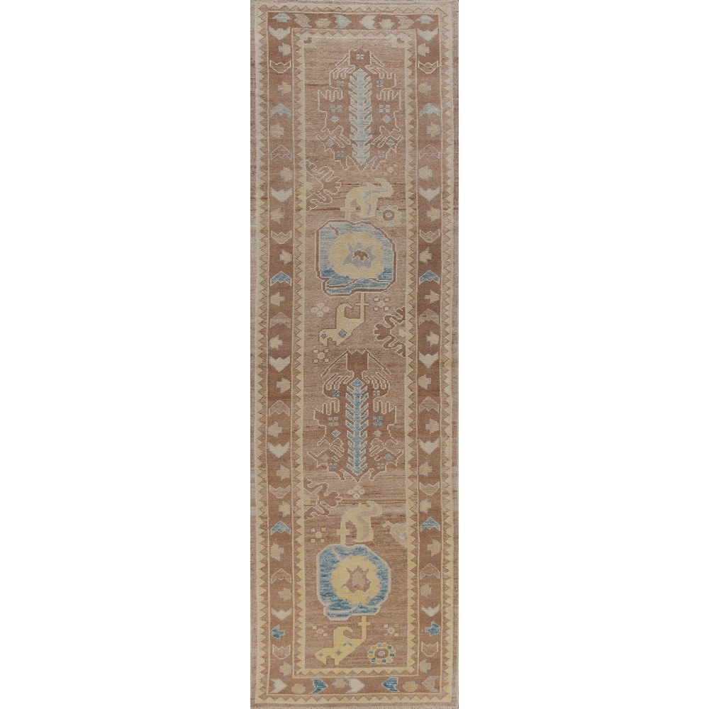 Hand Knotted Oriental 100% Wool Carpet Transitional Geometric Brown Oushak Runner Rug - 13' 6'' X 3' 0''