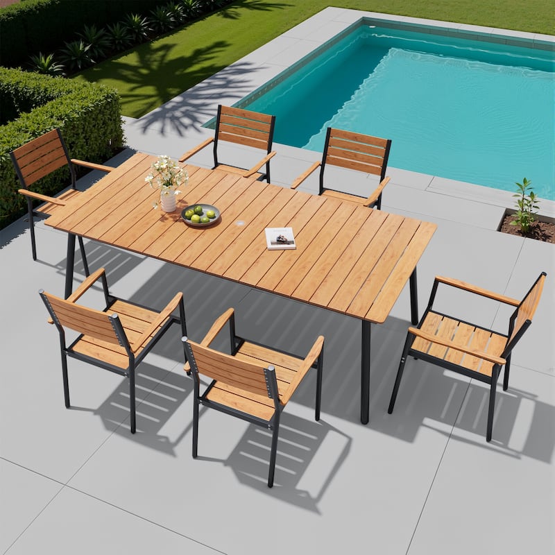 7/9-piece Outdoor Aluminum Rectangle Patio Dining Table with Umbrella Hole and Chairs
