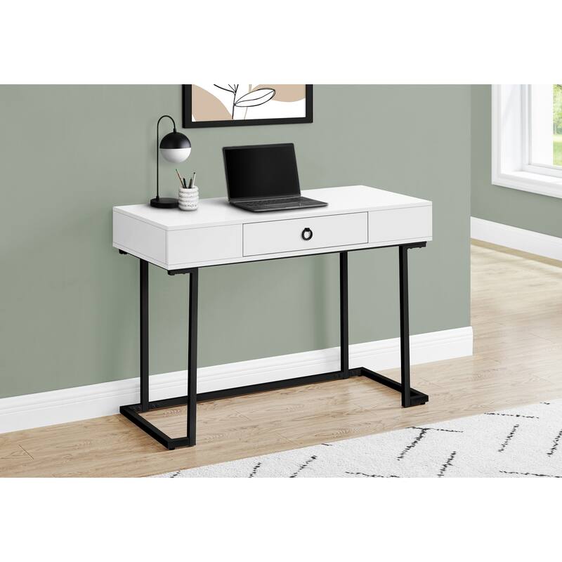 Contemporary 42" Computer Desk, Laminate Top, Black Metal Legs, Storage Drawer with Ring Pull
