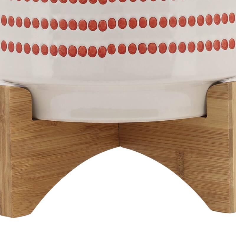 Off-white with Orange Design Ceramic Planter on Wood Stand - 10.0" x 10.0" x 12.0"