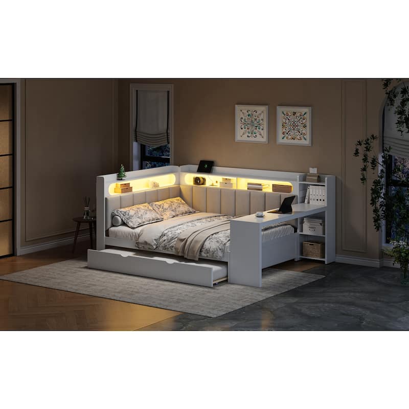 Roomfitters Full Daybed with Trundle, Charging Station and Upholstered Headboard